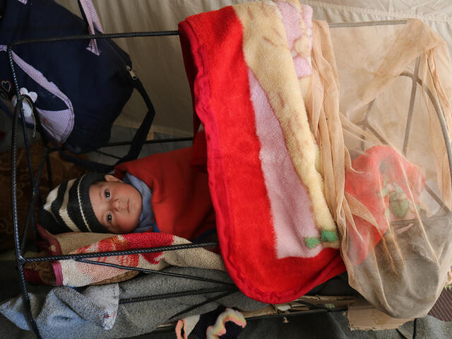 Baby in Krippe im Areesha Flüchtlingslager, Syrien 