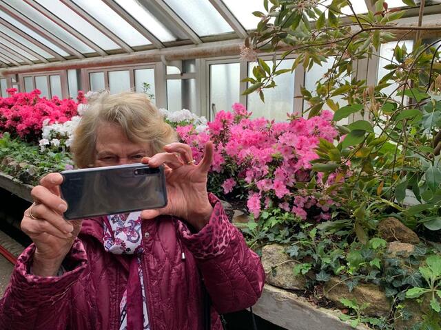 Eine Rentnerin macht einen Photo mit einem Smartphone