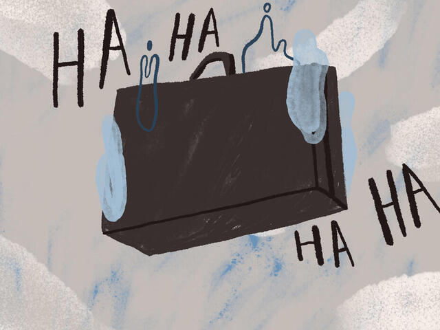 Illustration: Ein Koffer umgeben von "HA HA HA".