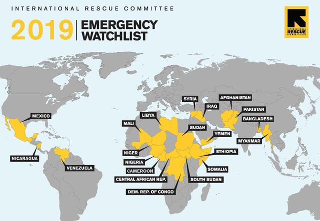 Auf dieser Weltkarte sind die akuten humanitären Krisen 2019 abgebildet