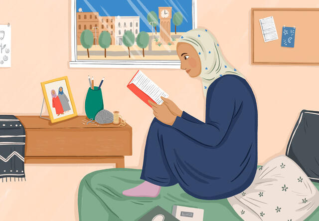 Illustration eines Mädchens, welches auf einer Matratze sitzt und ein Buch liest