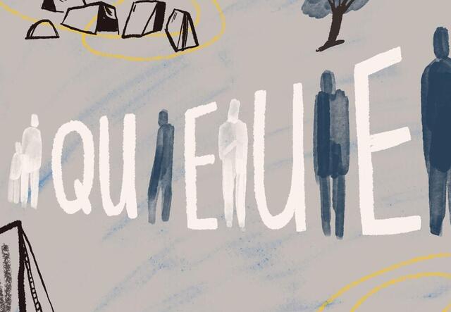 Illustration von Menschen, die im Wort "Queue" stehen - Warteschlange. 