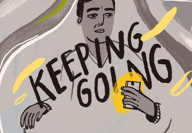 Illustration: Hassan und der Schriftzug "Keeping Going"- Weitermachen