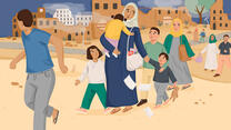 Eine Illustration einer Familie auf der Flucht