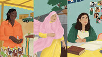 Illustrierte Portraits von drei Frauen, die sich auf verschiedenen Kontinenten für Gleichberechtigung einsetzen.